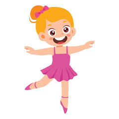 Cute Kid Ballerina Girl dancing, Child wear Pink Tutu Dress and Dancing Pointe Training in different poses, dressed in casual outfit clothes. Diversity Kindergarten. vector illustration