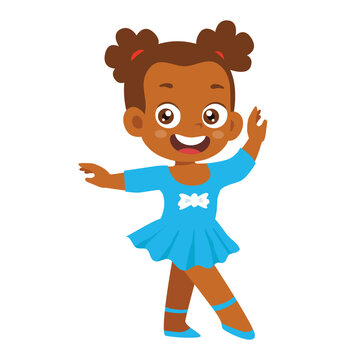Cute Kid Ballerina African Girl dancing, Child wear Pink Tutu Dress and Dancing Pointe Training in different poses, dressed in casual outfit clothes. Diversity Kindergarten. vector illustration