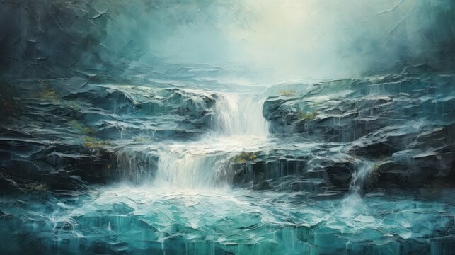 A close-up of a flowing waterfall, capturing the cascading water and mist art paint