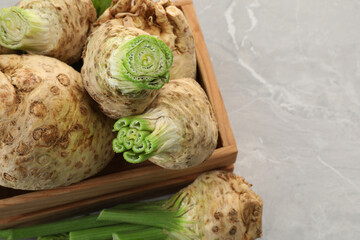 Fototapeta premium Fresh raw celery roots and wooden crate on light grey table, above view. Space for text
