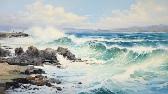A coastal scene with crashing waves and rocky cliffs, the textures and movement emphasized art paint