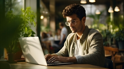 Young man working on laptop at a cafe table, looking into the camera, Model release included,