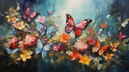 A garden filled with fluttering butterflies, their delicate wings emphasized with paint art