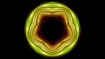 Glowing neon pulsating floral shape with dark hole in the middle on a black background. Animation. Colorful neon dance of circular shape. - Powered by Adobe