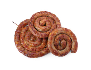 Rings of delicious homemade sausage isolated on white, top view