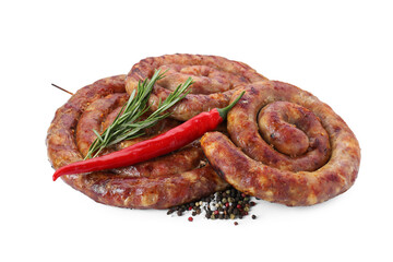 Rings of delicious homemade sausage with spices and chili pepper isolated on white