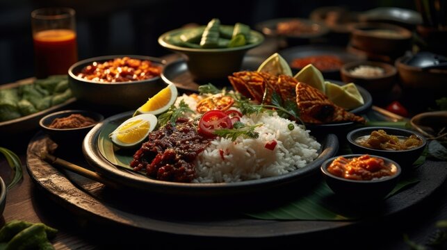 A cinematic close-up of a traditional Indonesian rijsttafel (rice table), featuring an array of small dishes like sambal, tempeh, and ikan bakar