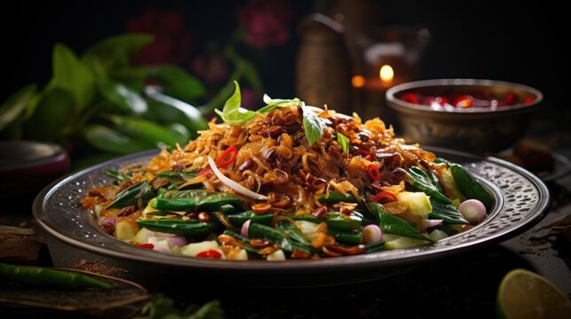 An enticing image of a plate of pecel, with blanched vegetables, peanut sauce, and a sprinkle of fried shallots