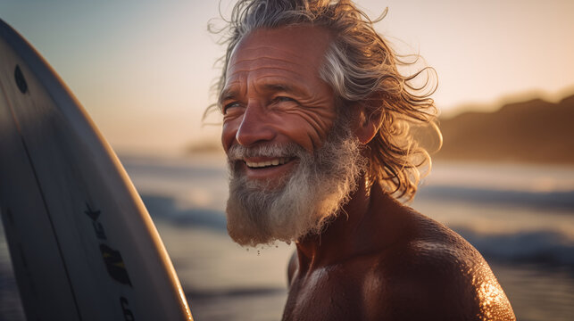 A serene moment in the golden hours--a senior surfer man walking on the beach after a surf session, his face reflecting the satisfaction and joy derived from the connection with the waves.