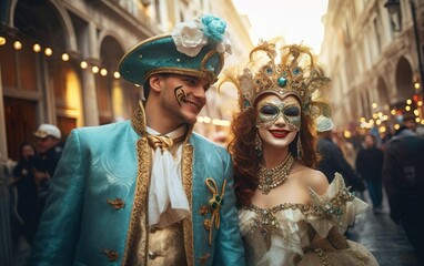 Mardi Gras poster. Happy couple in carnival costumes smiling and talking on European street. Venetian masquerade party outfit. Face art. AI Generative