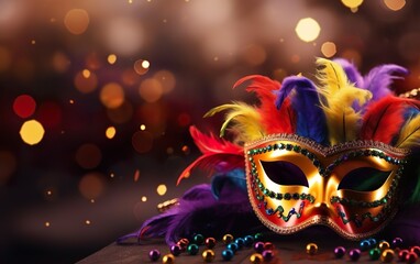 Mardi Gras poster. Banner with a Venetian mask and feathers, on blurred background. Copy space at the left. Costume party flyer for masquerades. Bokeh, de focus. AI Generative