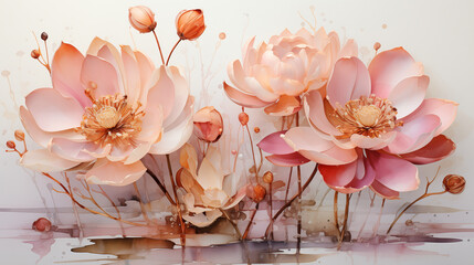 An illustration of lotus blossoms with simple background. Generative AI. 