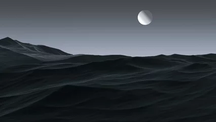 Rolgordijnen Mountain rocks and a planet,moon, in the sky, a gloomy landscape. A dark gloomy landscape of rocky stone reliefs and a planet in the sky. 3D render. © Binkontan