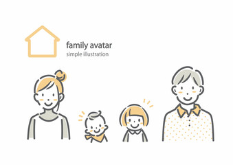 若い4人家族　シンプルでお洒落な線画イラスト