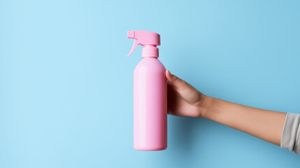 Hand holding spray bottle on blue background