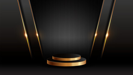 Modern Elegant Golden Podium on Black Background, Luxury Abstract Design for Marketing Materials, Banners, Websites, Composition for Flyers Corporate, Branding, Presentation