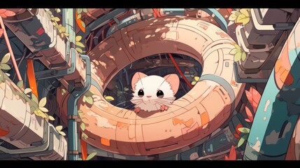A clever and curious ferret exploring a maze of tubes and tunnels with excitement japanese manga cartoon style