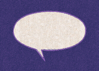 Empty white chat bubble on a background pattern of purple printing dots from a real vintage comic book page