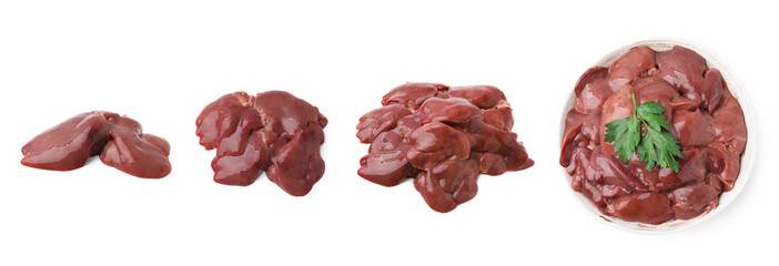 Fresh raw chicken liver isolated on white, collection