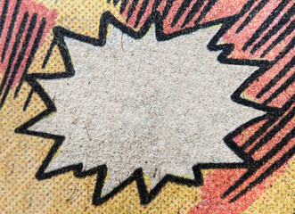 Closeup of real vintage comic book page with empty white speech bubble on a background texture of...