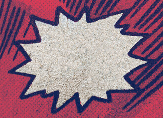 Closeup of real vintage comic book page with empty white speech bubble on a background texture of...