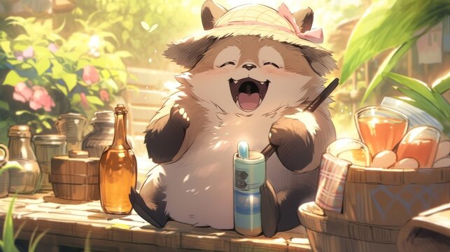 A mischievous raccoon dog, known as a tanuki, wearing a straw hat and holding a sake bottle japanese manga cartoon style