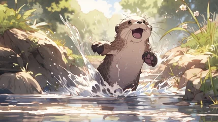 Zelfklevend Fotobehang A playful otter sliding down a riverbank, leaving a trail of splashes behind japanese manga cartoon style © Tina