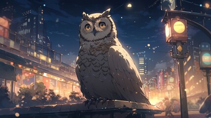 A wise old owl perched on a streetlamp at night, watching over a bustling city japanese manga cartoon style