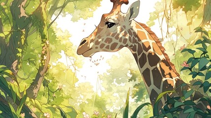 A whimsical giraffe with a long neck, munching on leaves from the tallest trees japanese manga cartoon style