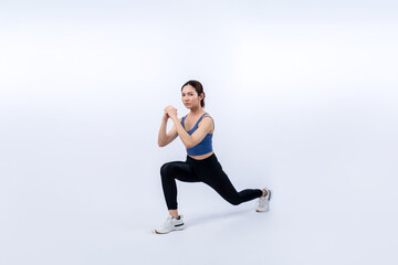 Fototapeta na wymiar Vigorous energetic woman doing exercise. Young athletic asian woman strength and endurance training session as squat workout routine session. Full body studio shot on isolated background.