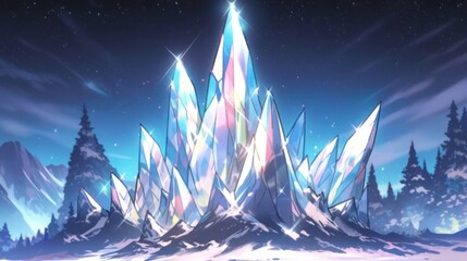 Diamond Gem, snowy mountain peak, aurora borealis cartoon style illustration