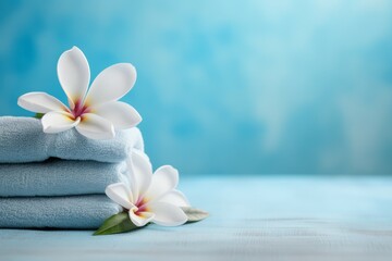 Fototapeta na wymiar Zen stones flowers and towels on light blue background convey spa
