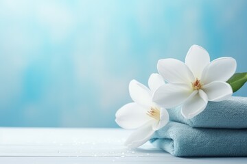 Naklejka na ściany i meble Zen stones flowers and towels on light blue background convey spa