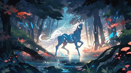 A mystical centaur galloping through a mystical forest, its presence evoking a sense of wisdom and power japanese manga cartoon style - obrazy, fototapety, plakaty