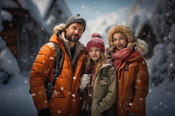 Portrait of a family outdoors during the winter season, dressed in warm winter jackets.