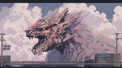 Ironclad Oni, Industrial District, Metallic Monstrosity, Smoke-filled Skies cartoon style illustration