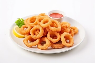 Fried squid or onion rings on white background
