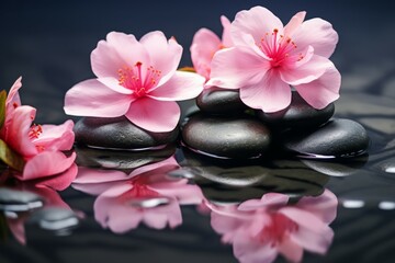 Fototapeta na wymiar Pink spa flowers hot stones on water dark background