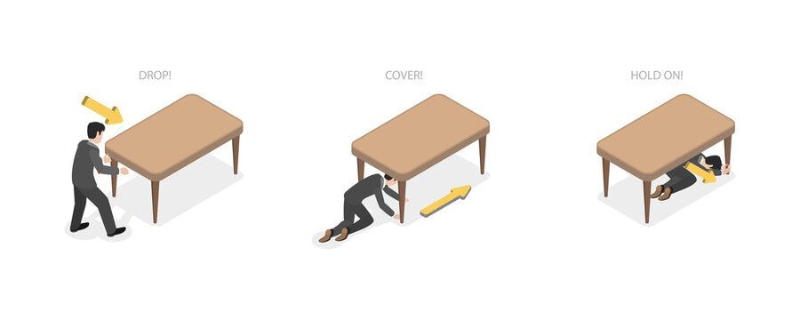 3D Isometric Flat  Conceptual Illustration of Earthquake Safety St, Labeled Educational Schema