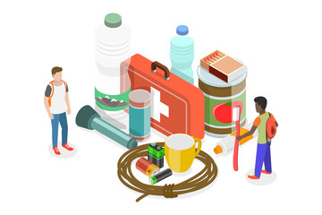 3D Isometric Flat  Conceptual Illustration of Emergency Kit, Disaster-preventive Items Set