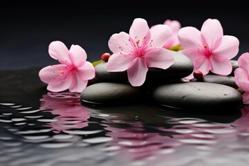 Fototapeta na wymiar Pink spa flowers hot stones on water dark background