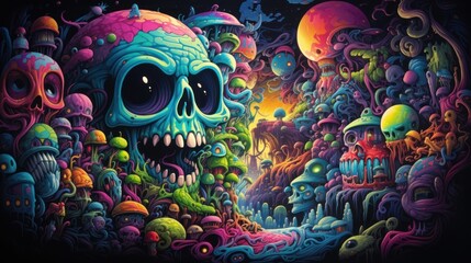 A mind-bending psychedelic dreamscape filled with pulsating patterns, hypnotic swirls, and vibrant neon colors