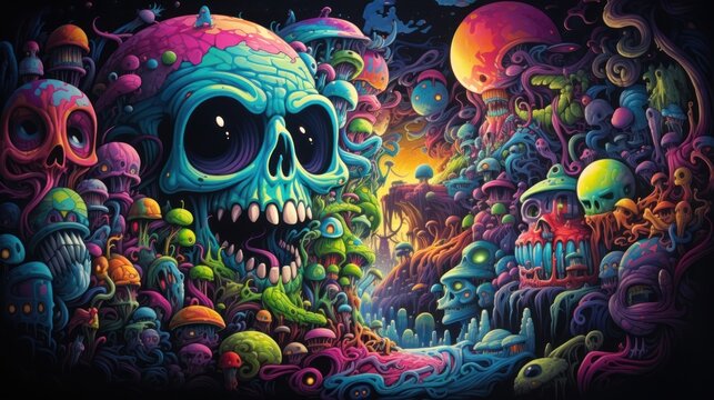 A mind-bending psychedelic dreamscape filled with pulsating patterns, hypnotic swirls, and vibrant neon colors