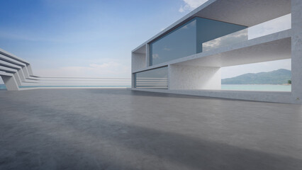 Abstract architecture design of modern building. Empty parking area concrete floor with beach and blue sky sea view. 3D rendering background image for car scene.