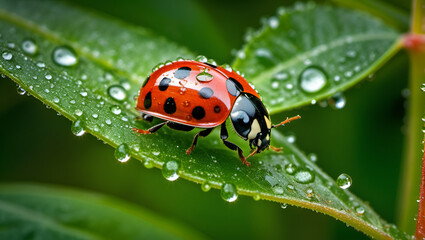 ladybird on leaf,
Bright orange beetle on flower with droplets of water,
A ladybug sits on a green leaf with water droplets on it,