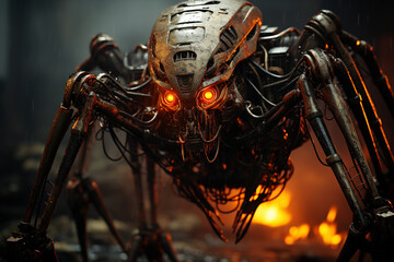Menacing Quadruped Robot Looms in Rain, Its Eyes Glowing with Ominous Light