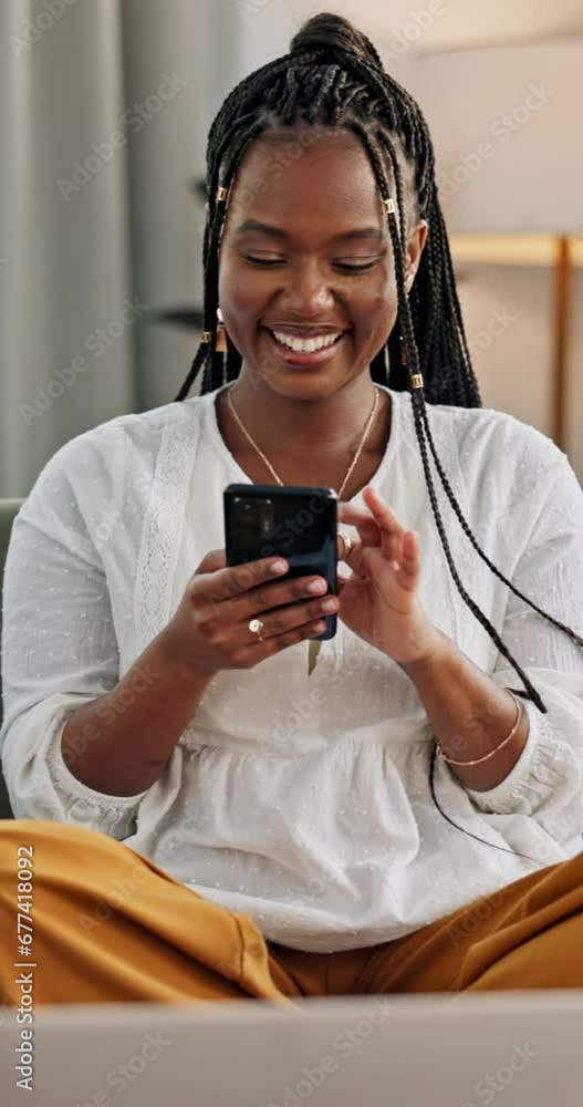 Poster woman, cellphone and texting laughing for connection in home or communication, gossip or networking.