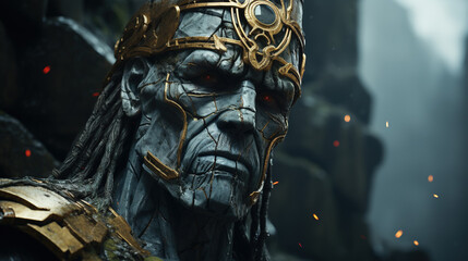 An imposing stone figure adorned with a regal golden crown gazes out with glowing red eyes, embodying the grandeur of ancient myths