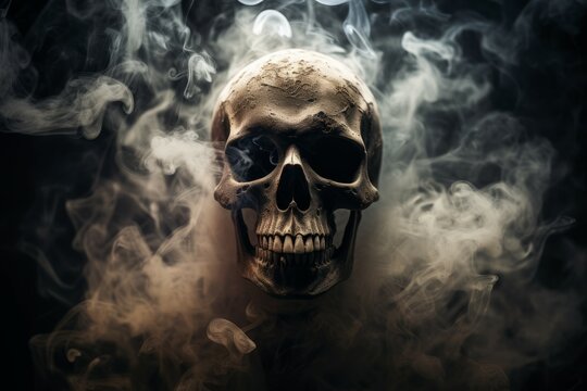 Eerie skull rising from smoke intense image
