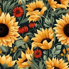 A seamless pattern tile design inspired by Aztec motifs, showcasing stylized sunflowers
